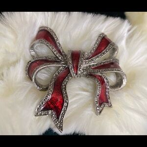 RED Christmas bow BROOCH * vintage LJ stamped